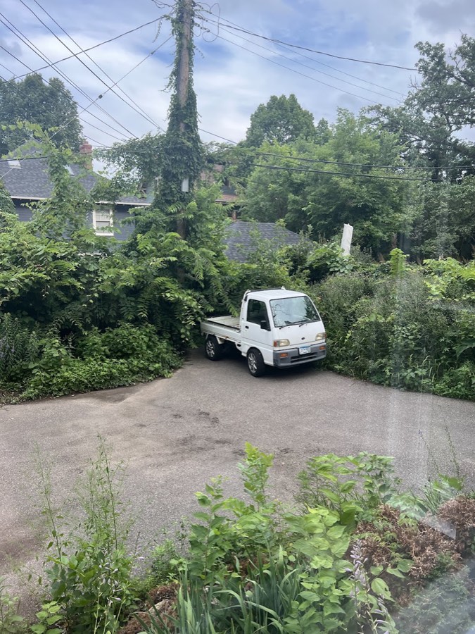 A white 1992 Subaru Sambar kei truck parked in a driveway surrounded by overgrown greenery.